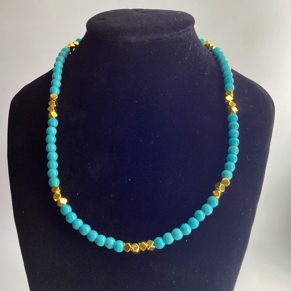 ✨ Mama Helen’s Handmade Turquoise & Gold Hematite Necklace – Versatile Layering